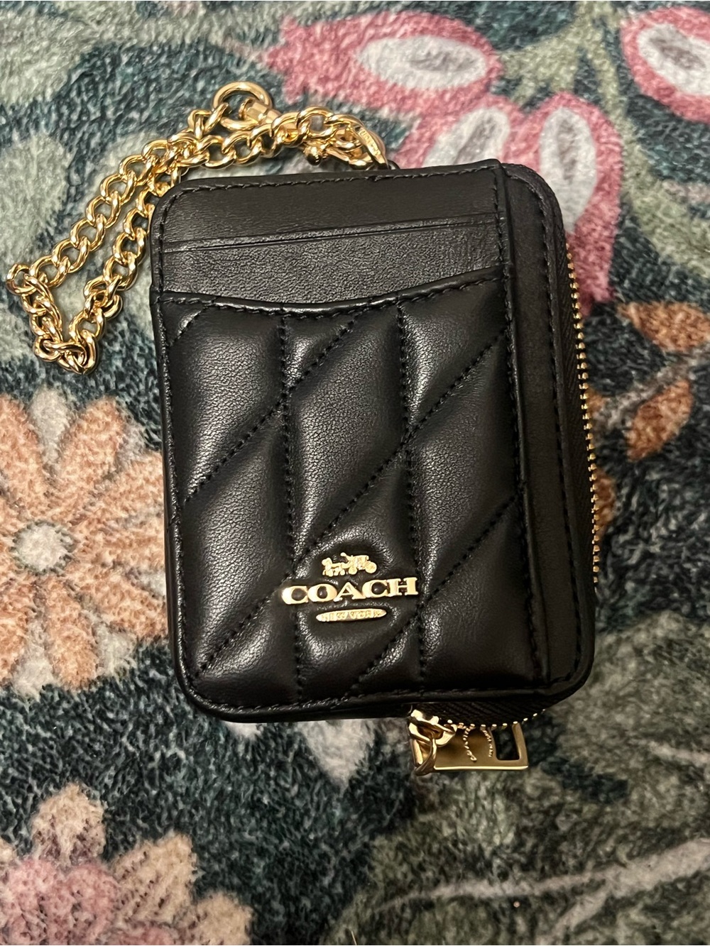 Coach Black Quilted Leather Card Holder with Gold Chain